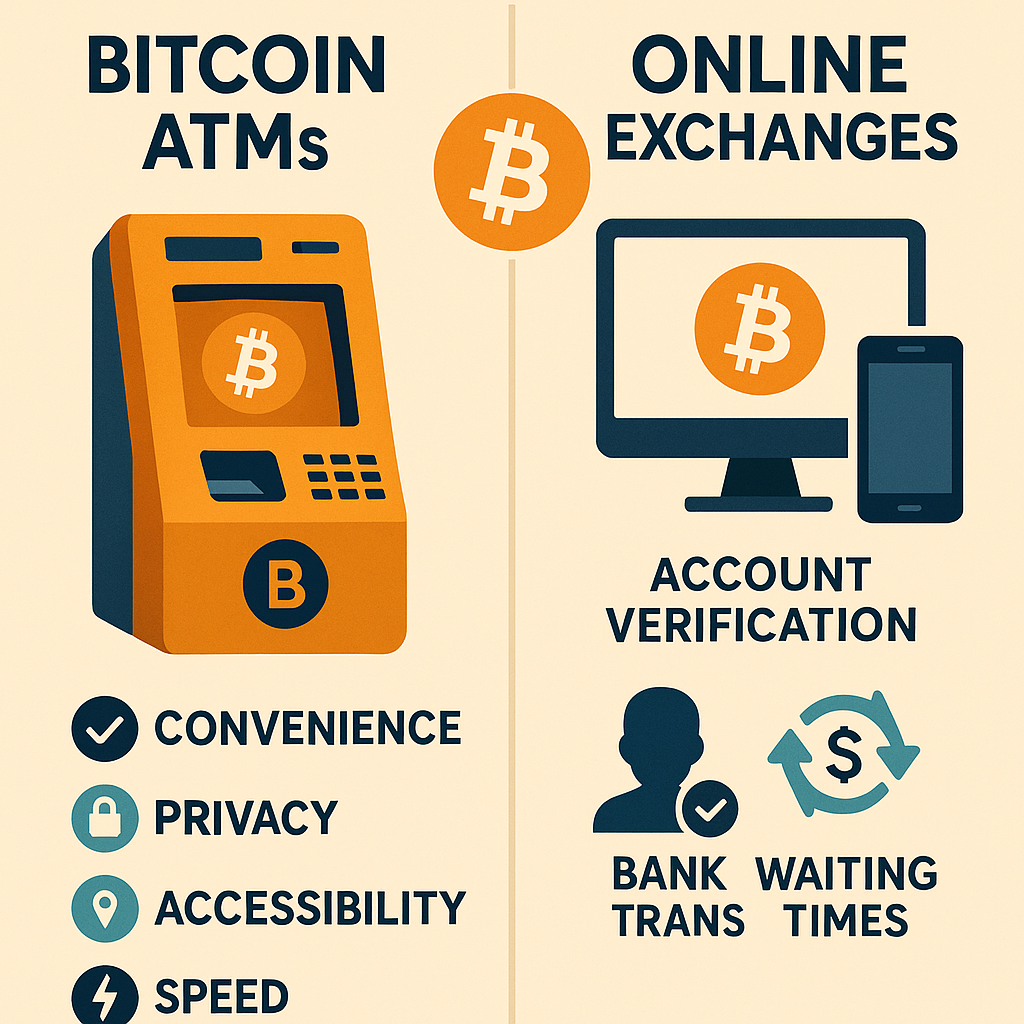 Infographic comparing Bitcoin ATMs and online exchanges, highlighting convenience, privacy, accessibility, and speed