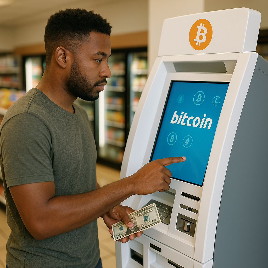 Person using a Bitcoin ATM in a convenience store, holding cash and interacting with the touch screen