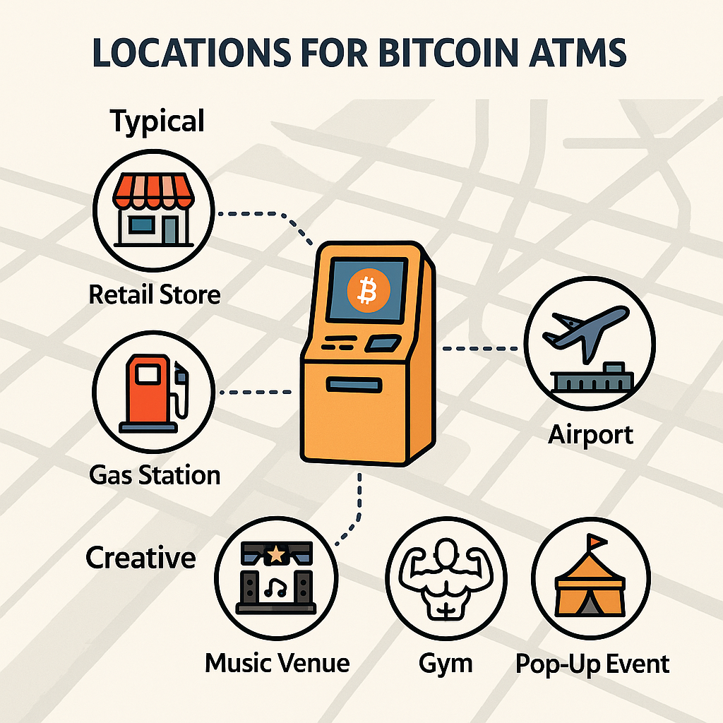 Infographic showing typical and creative locations for Bitcoin ATMs, including icons for a retail store, gas station, airport, music venue, gym, and pop-up event, all connected by dotted lines to a central Bitcoin ATM illustration