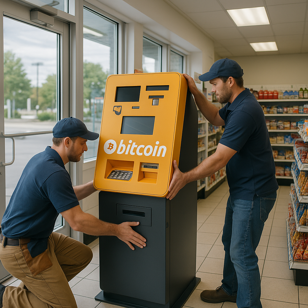 Two workers installing a large Bitcoin ATM inside the entrance of a modern convenience store, positioning the atm by the windows and store shelves