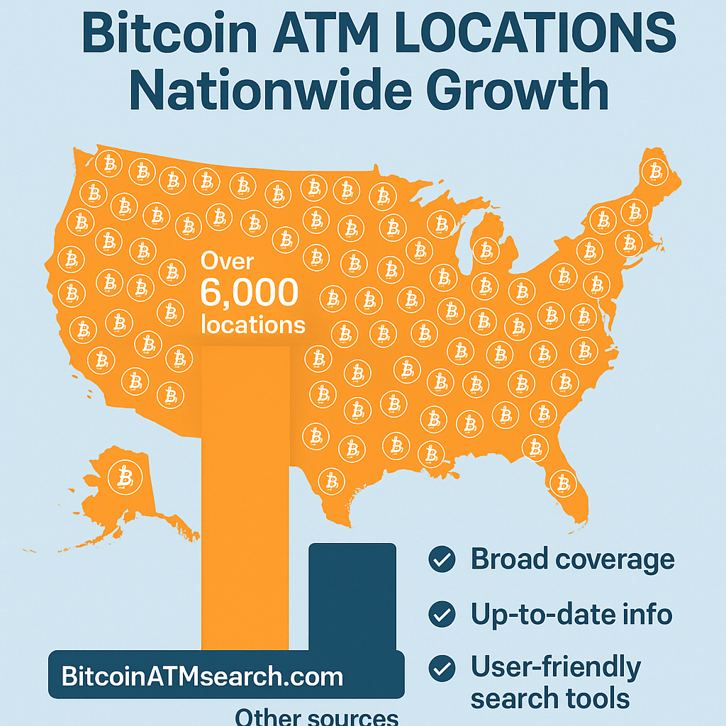 Infographic showing nationwide growth of bitcoin ATM locations in the US, highlighting bitcoinATMsearch.com with over 6,000 verified bitcoin atm near me options, broad coverage, up-to-date information, and user-friendly search tools.