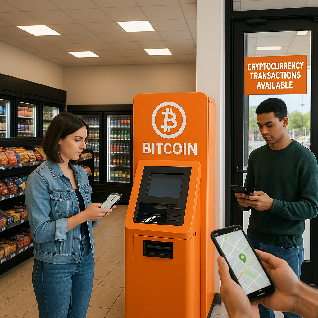 People using their phones to search bitcoin atm near me in a convenience store with a bright orange Bitcoin ATM kiosk and a sign for cryptocurrency transactions available.