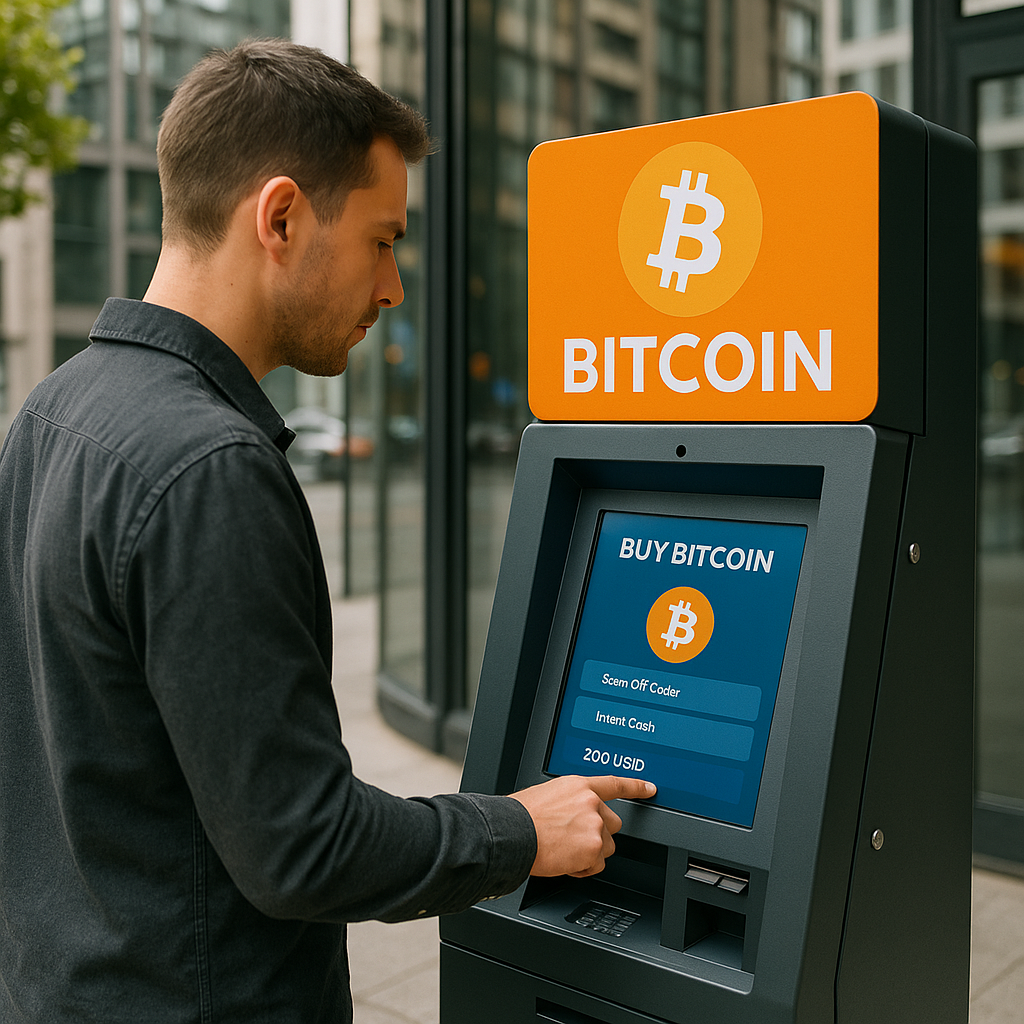 Man using bitcoin ATM machine for transaction in city setting.