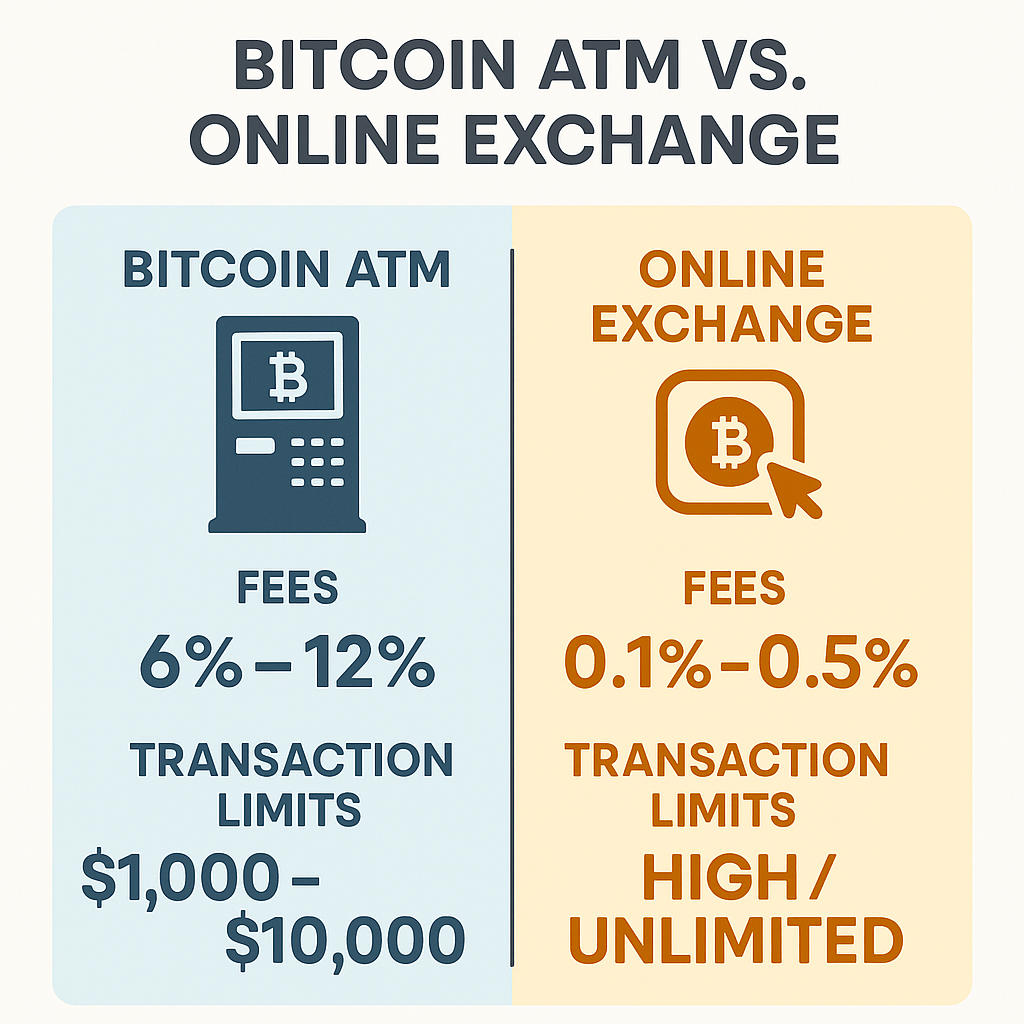 Comparison chart of Bitcoin ATM fees and transaction limits versus online exchange, highlighting how to use bitcoin ATM effectively.