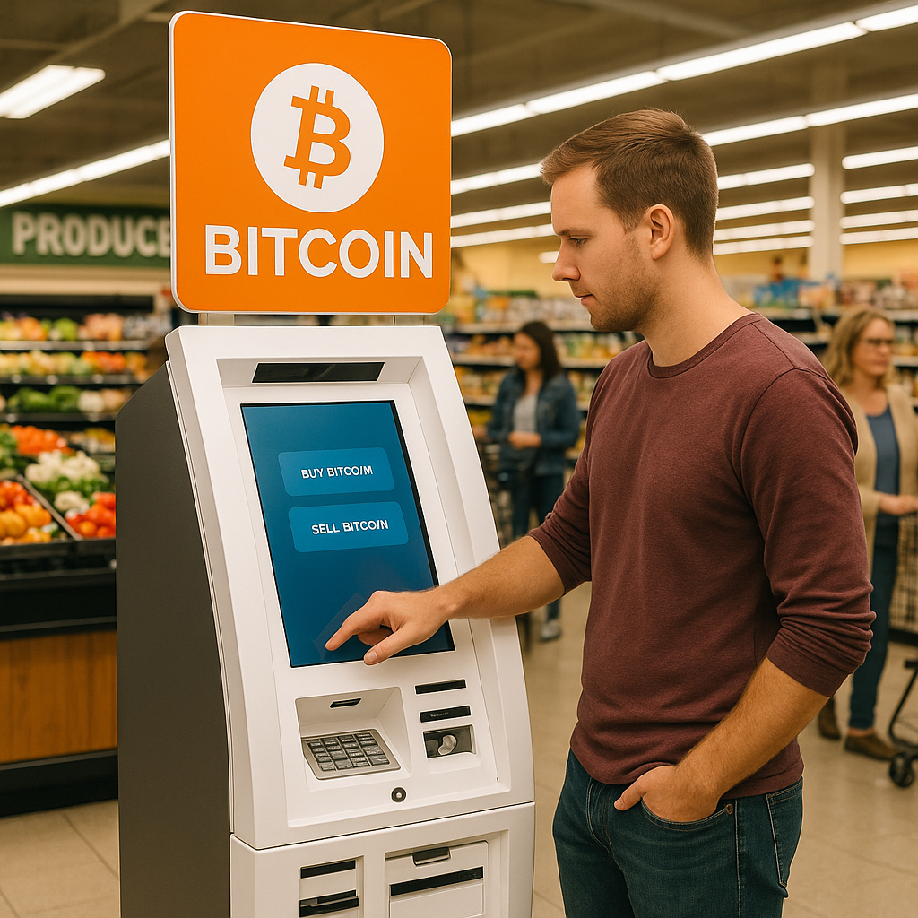 Person using Bitcoin ATM in a grocery store, demonstrating convenient access for anyone searching bitcoin atm near me.