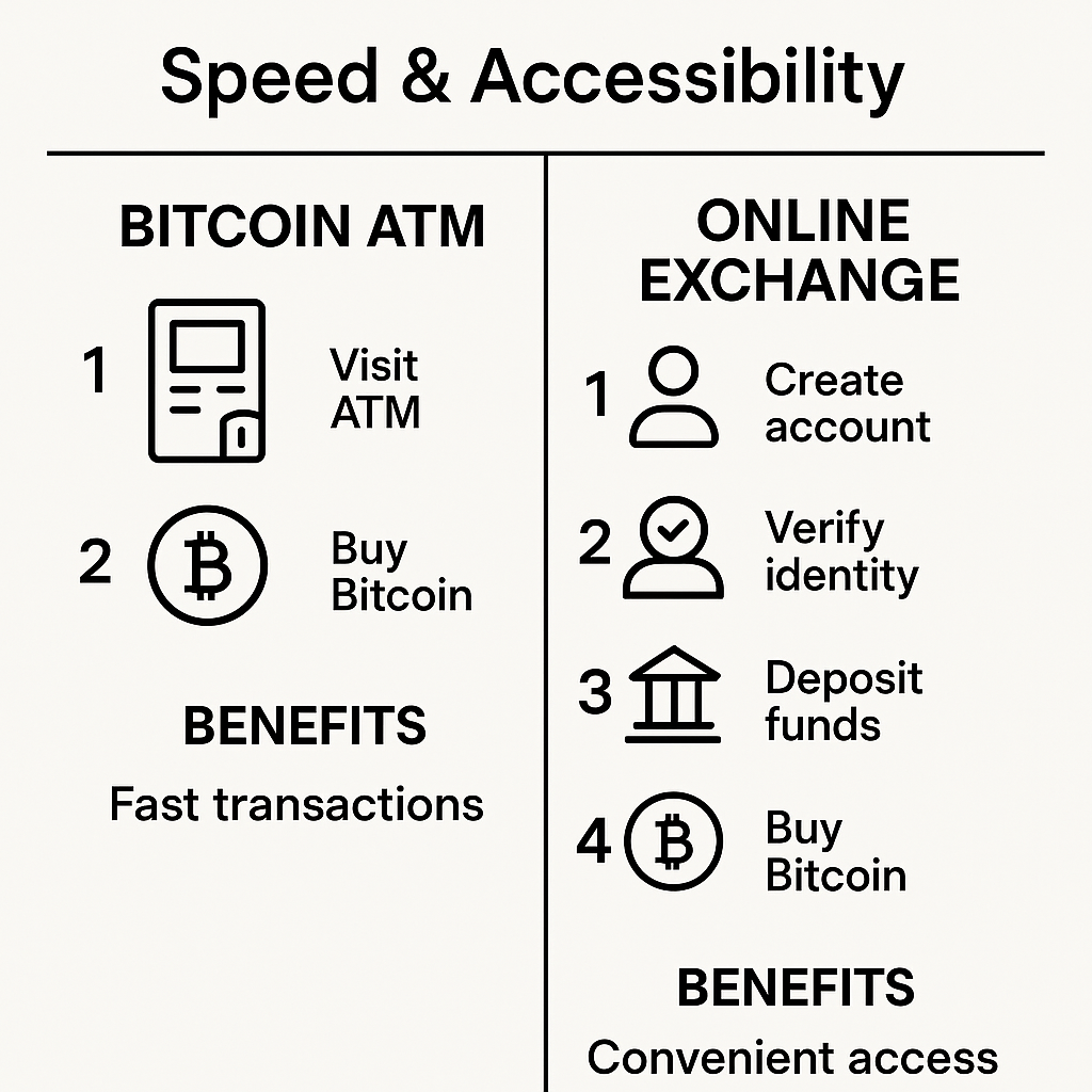 Infographic comparing Bitcoin ATM and online exchange, highlighting fast and easy crypto access for bitcoin atm near me searches.