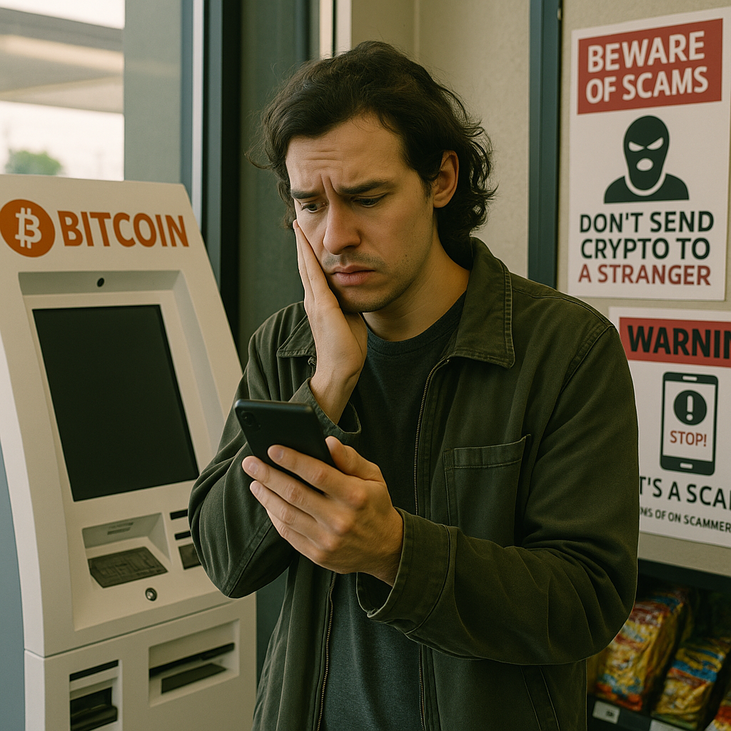 A person at a convenience store carefully using a Bitcoin ATM, showing scam warning signs and highlighting Bitcoin ATM scam prevention.