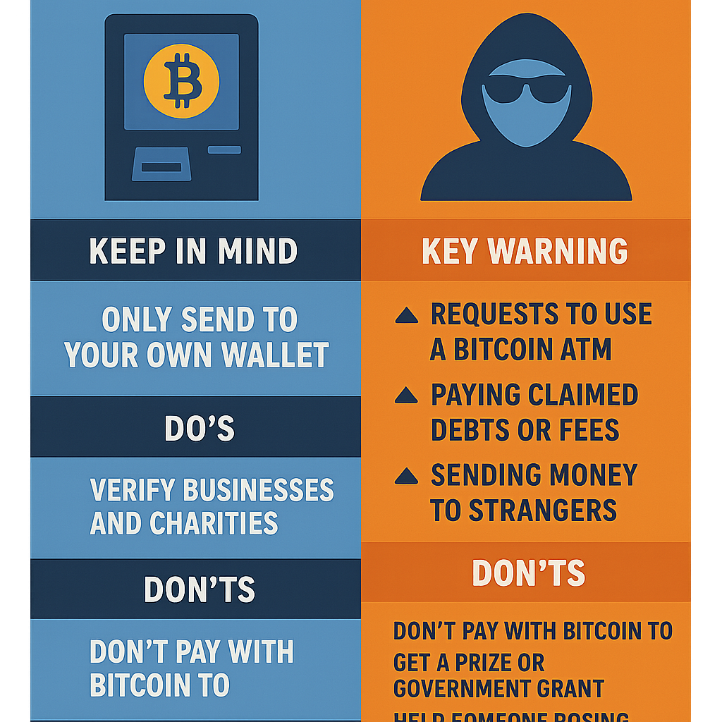 Infographic comparing safe Bitcoin ATM transactions with common scams, including tips to avoid Bitcoin ATM fraud.