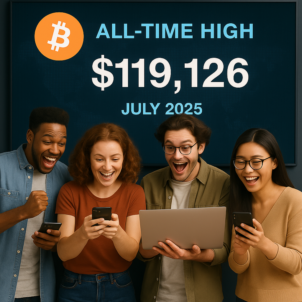 People celebrate in front of a digital screen showing Bitcoin’s record price in July 2025.